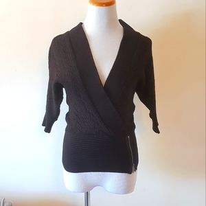 GUESS Black V Neck Knitted Sweater 3/4 Sleeves Side Bottom Zipper